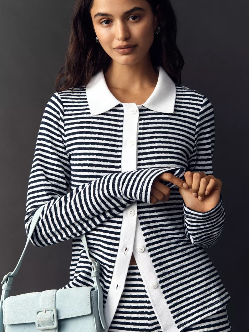 Anthropologie Maeve Long-Sleeve Collared Buttondown Top Navy White Stripe nwt